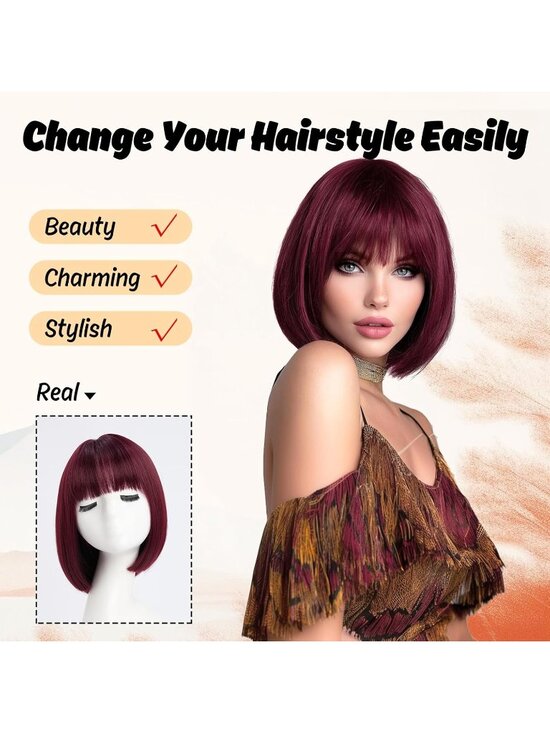 Women Wine Red Heat Resistant Synthetic Straight Ombre Bob Wig Bangs 10 Inch main image 7